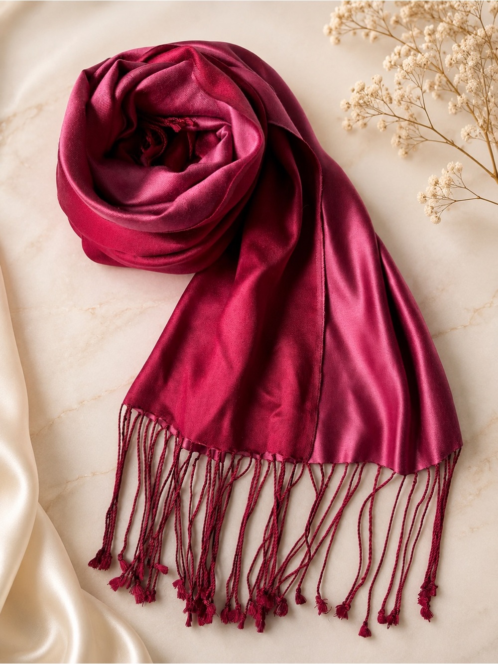 Ann Taylor 100% Silk Fringe Scarf - Berry